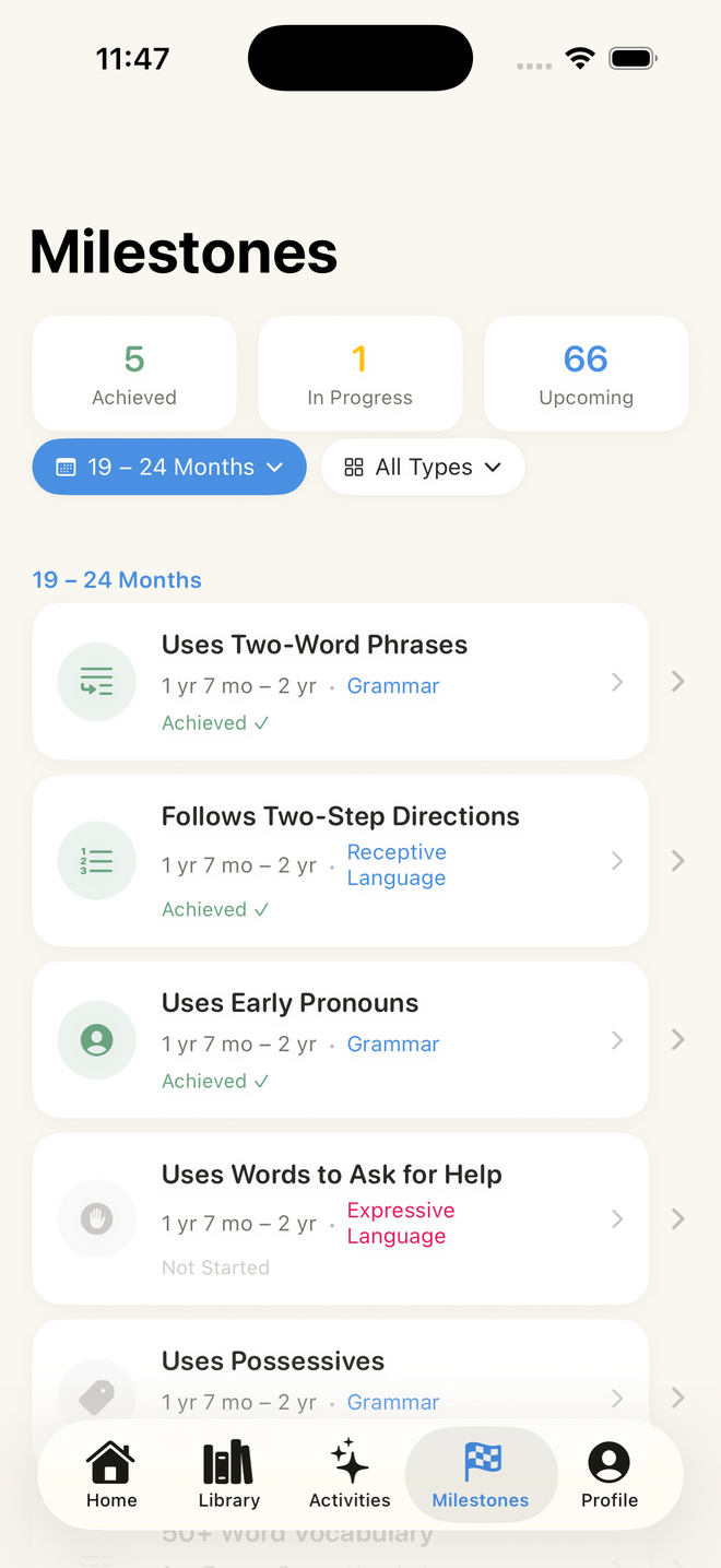 Speech & Language Tracker app — Milestones screen showing achieved, in-progress, and upcoming developmental milestones